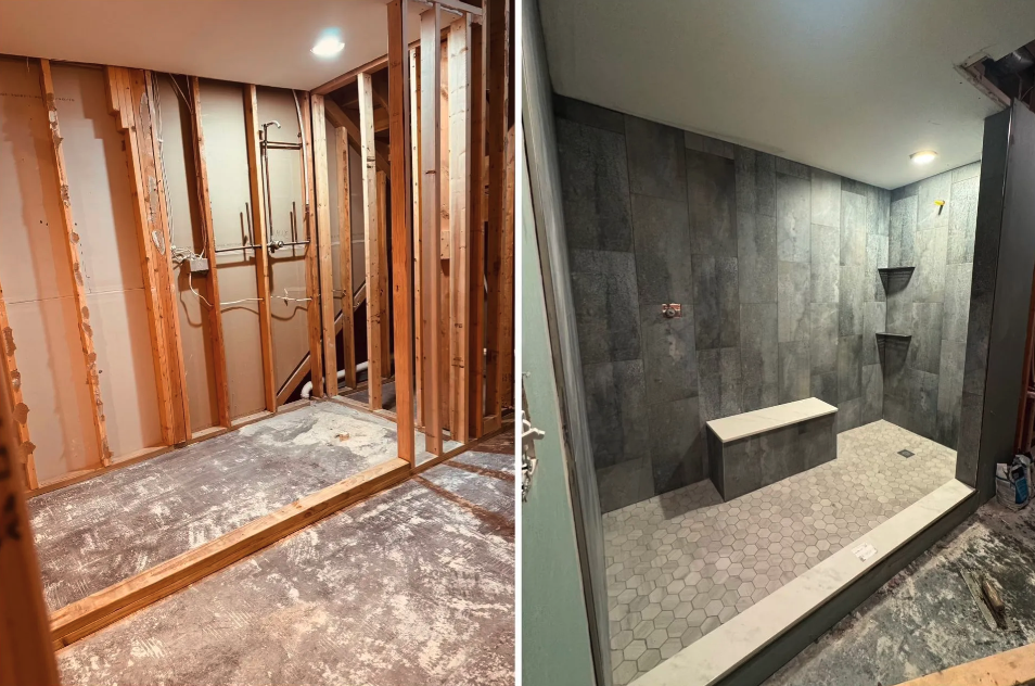Before and after shower build